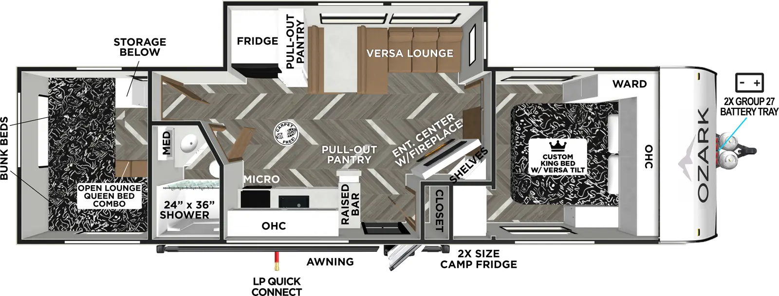 The Ozark 2890BHK floorplan has one entry and one slide out. Exterior features include: fiberglass exterior. Interiors features include: bunk beds and front bedroom.